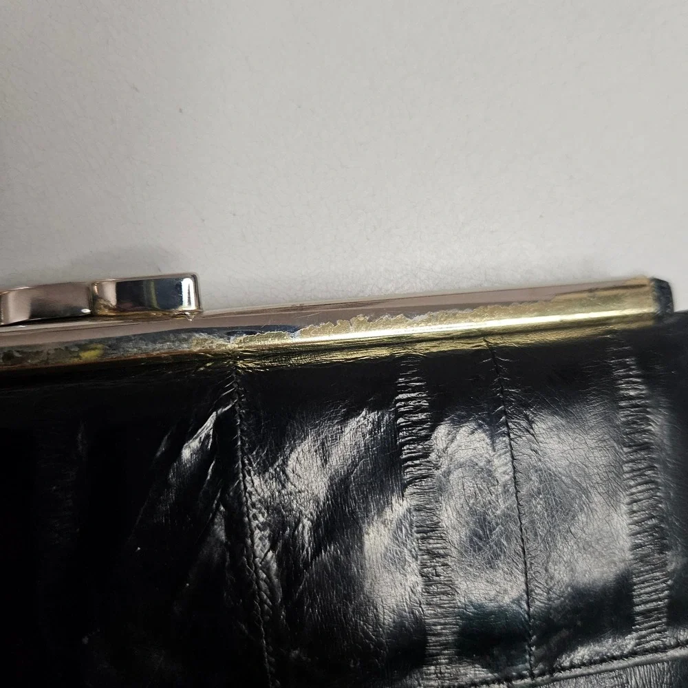 Vintage‎ Serpendo Korea Black Eel Skin Leather Kiss Lock Clutch Wallet Tri-Fold